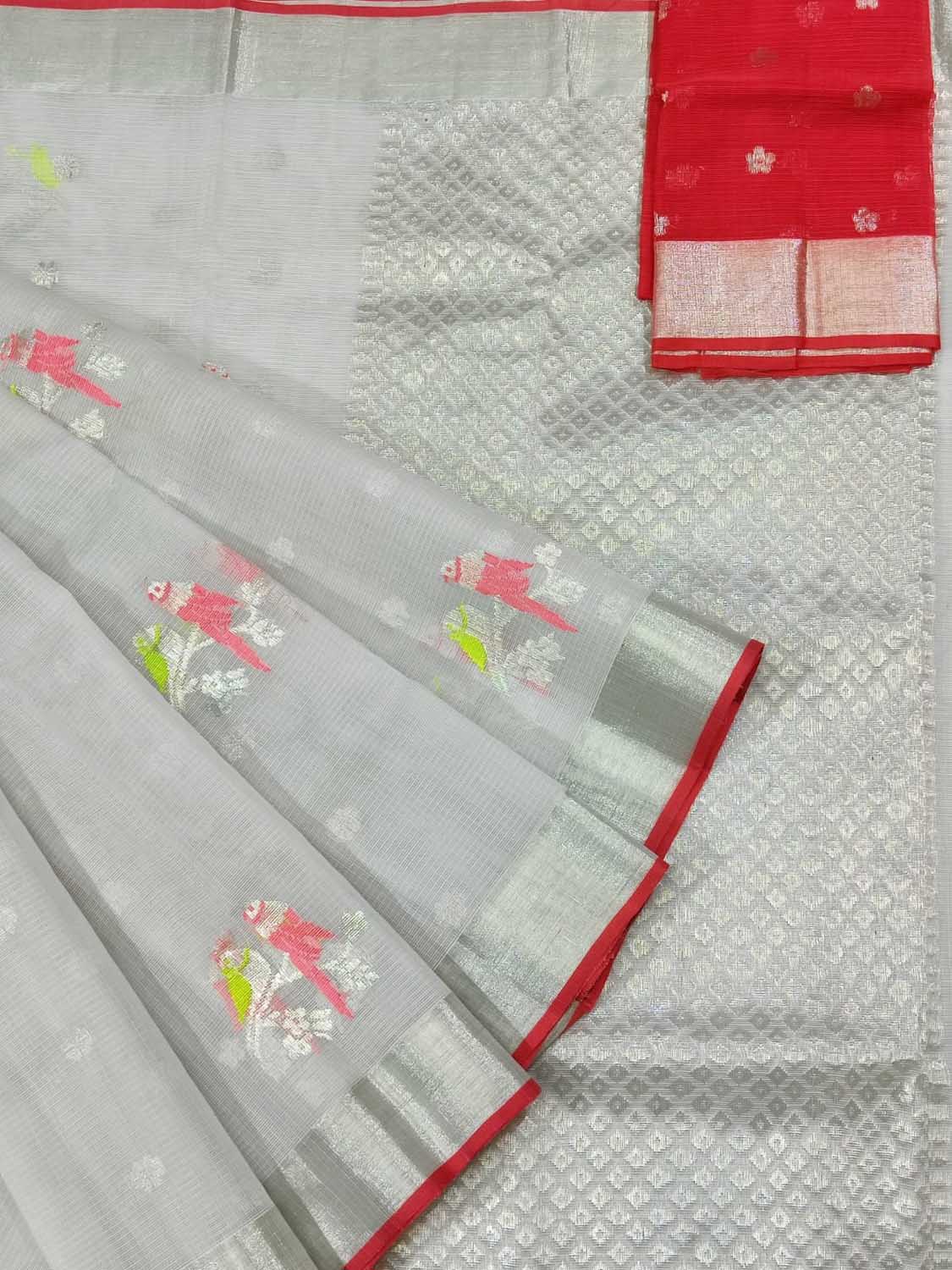 Grey And Red Kota Doria Handloom Real Zari Saree - Luxurion World