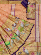 Orange And Purple Kota Doria Handloom Real Zari Tissue Saree - Luxurion World