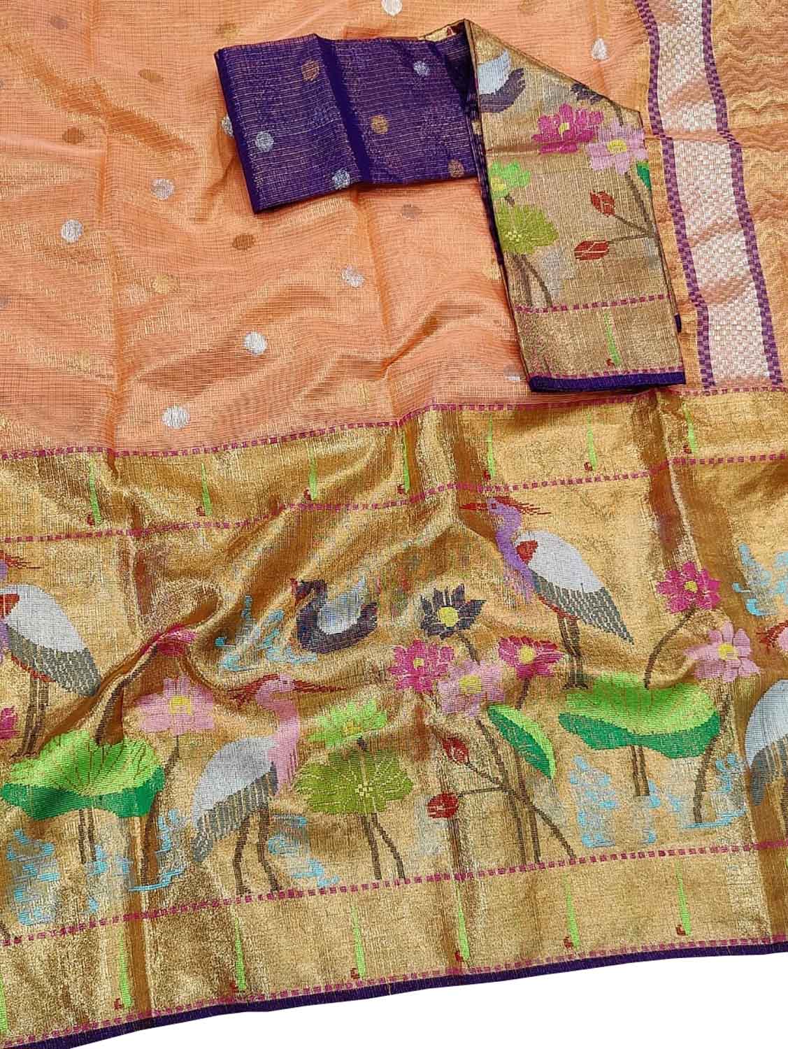 Orange And Purple Kota Doria Handloom Real Zari Tissue Saree - Luxurion World