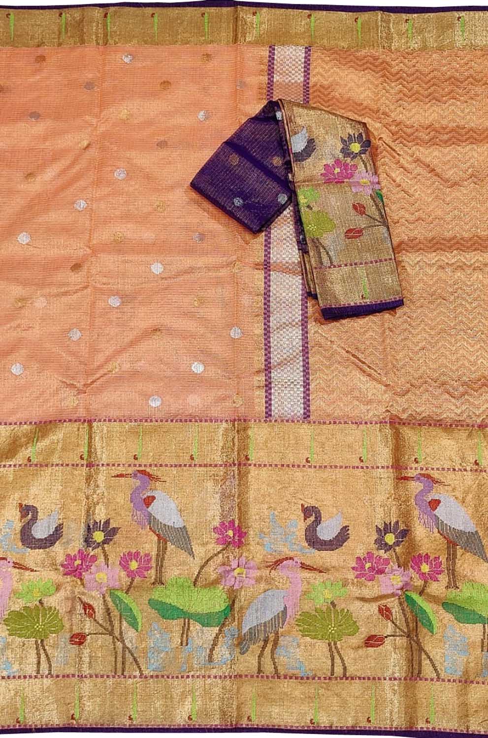Orange And Purple Kota Doria Handloom Real Zari Tissue Saree - Luxurion World
