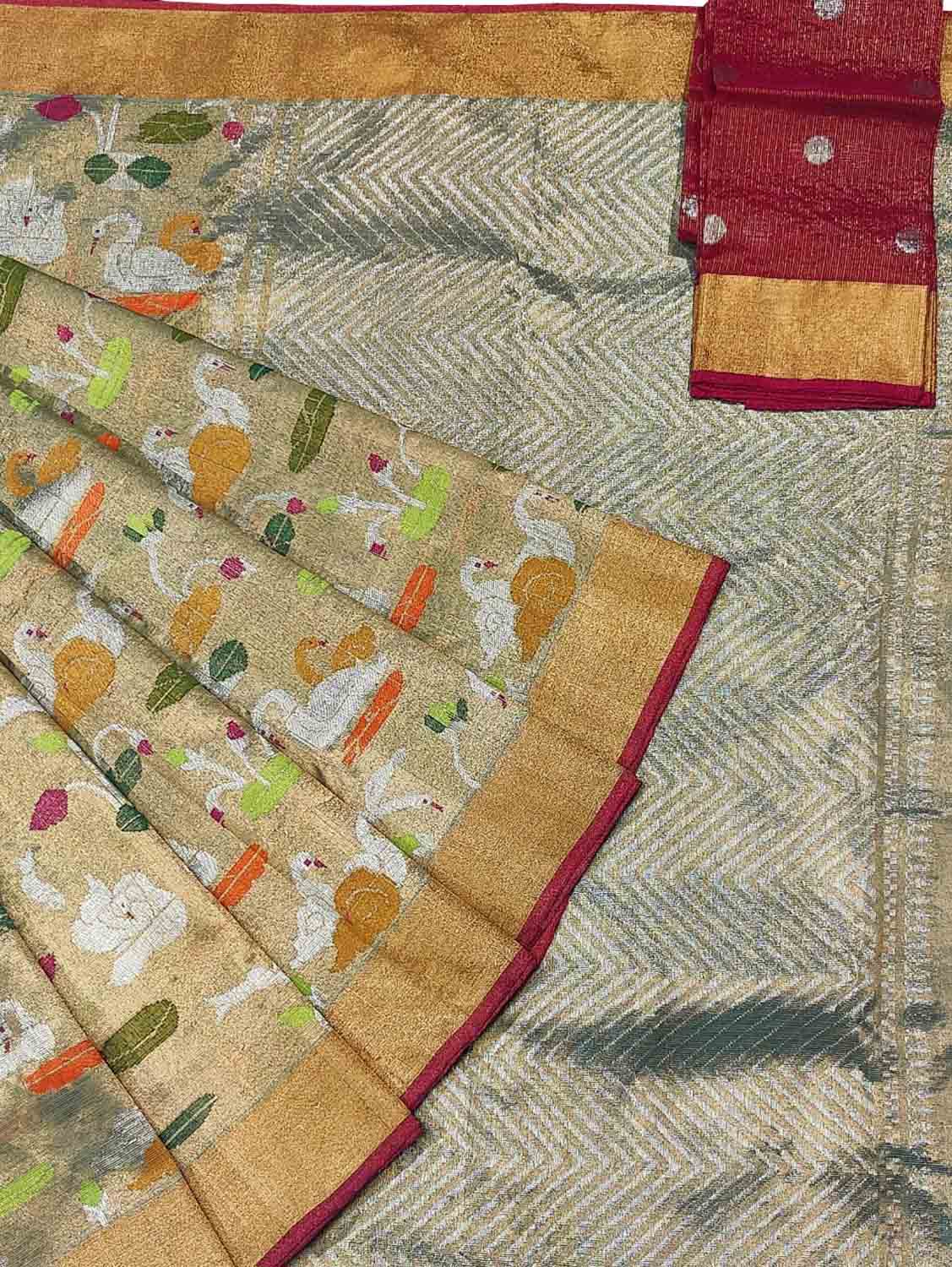 Pastel Kota Doria Handloom Real Zari Double Tissue Saree - Luxurion World