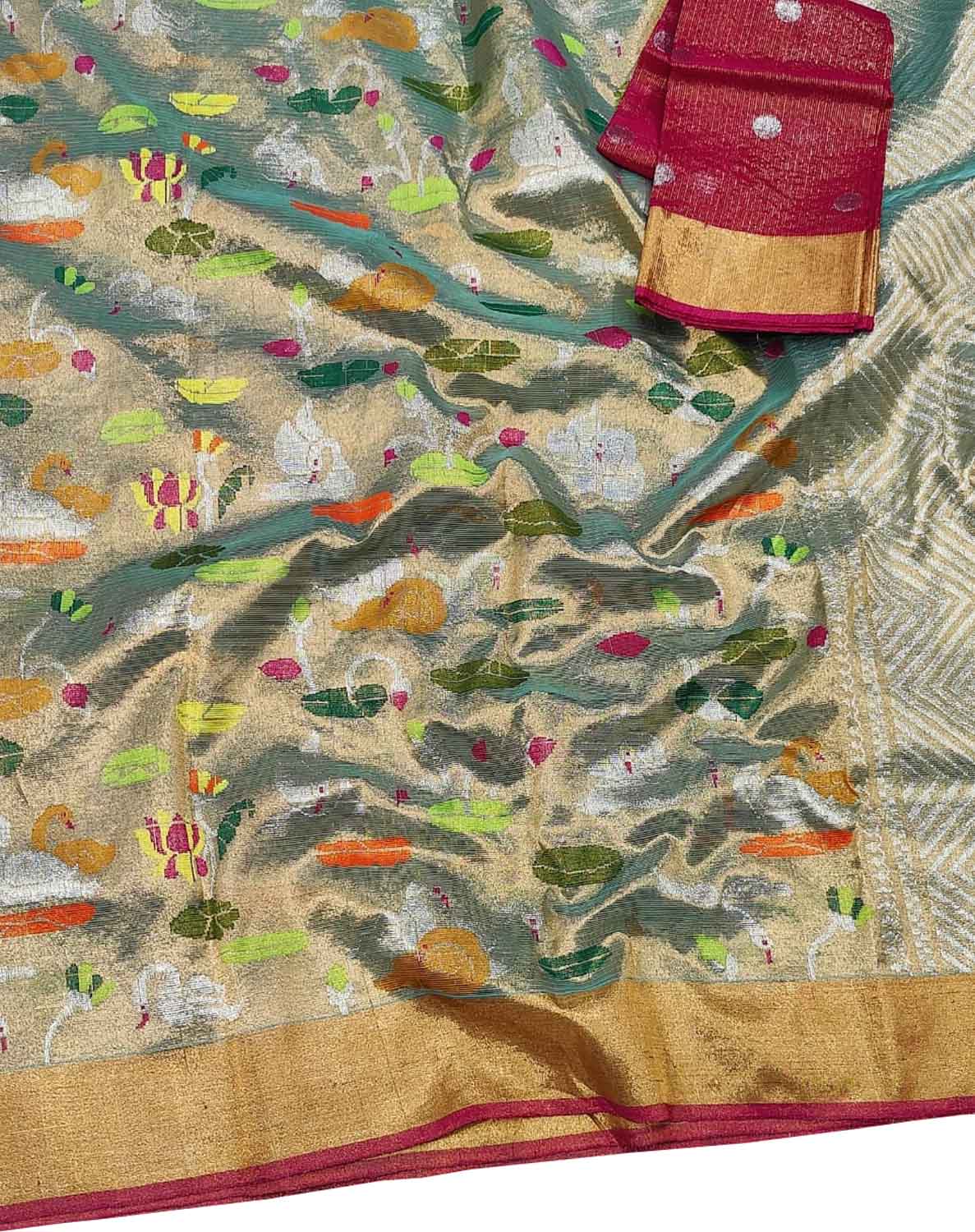 Pastel Kota Doria Handloom Real Zari Double Tissue Saree - Luxurion World
