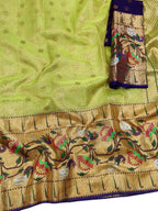 Green And Blue Kota Doria Handloom Real Zari Tissue Saree - Luxurion World