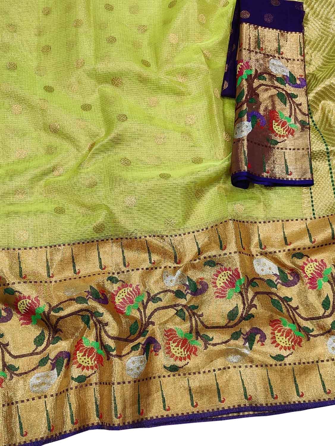 Green And Blue Kota Doria Handloom Real Zari Tissue Saree - Luxurion World