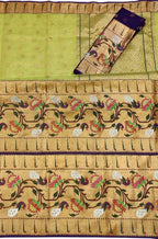 Green And Blue Kota Doria Handloom Real Zari Tissue Saree - Luxurion World