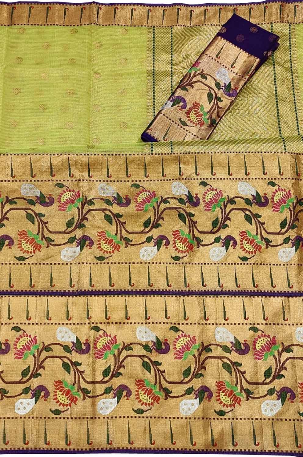 Green And Blue Kota Doria Handloom Real Zari Tissue Saree - Luxurion World