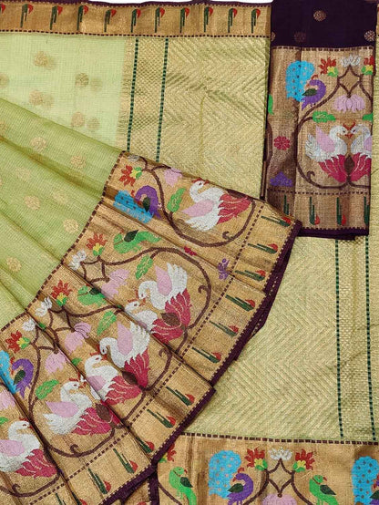 Green And Purple Kota Doria Handloom Real Zari Tissue Saree - Luxurion World