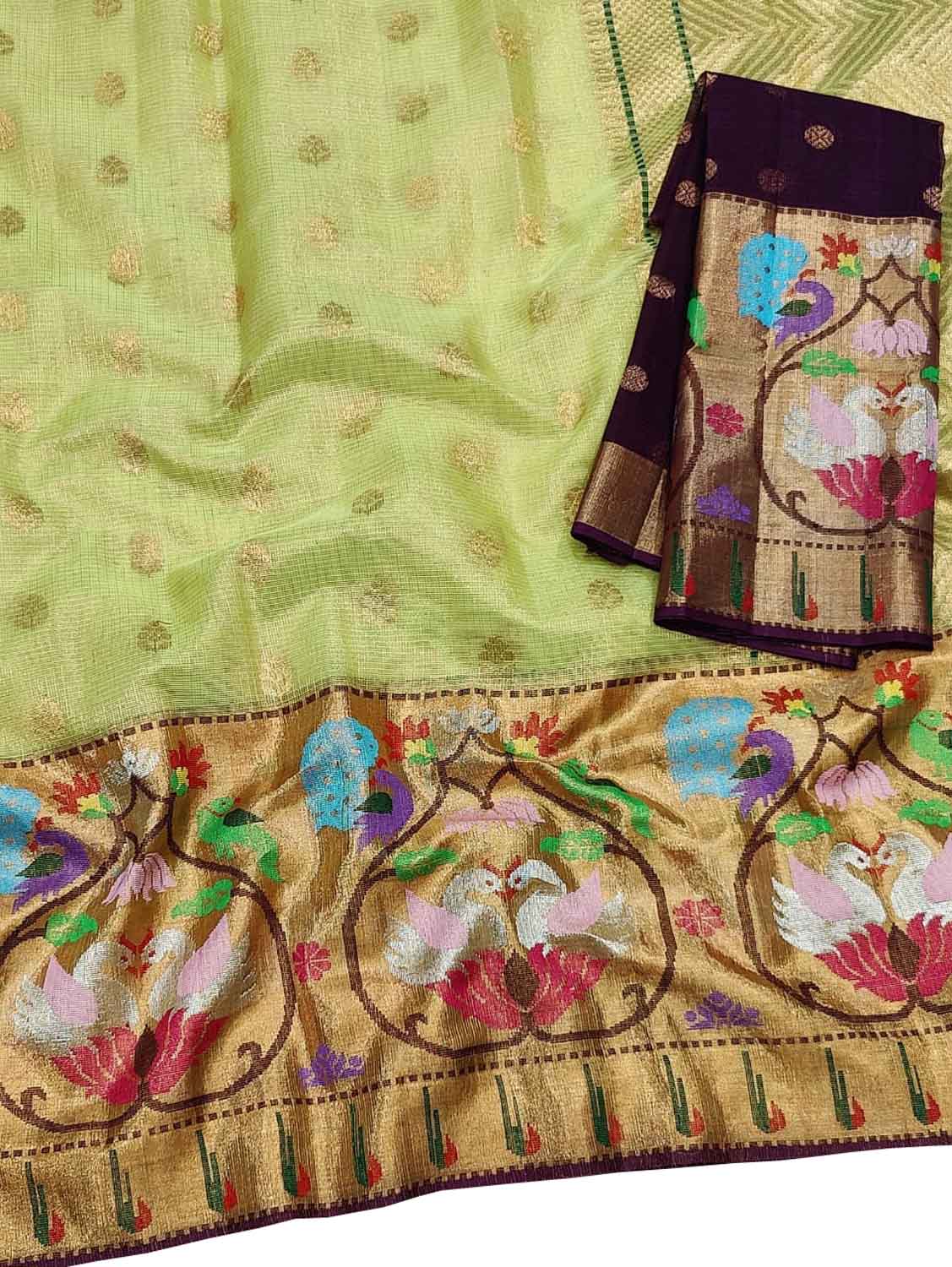 Green And Purple Kota Doria Handloom Real Zari Tissue Saree - Luxurion World
