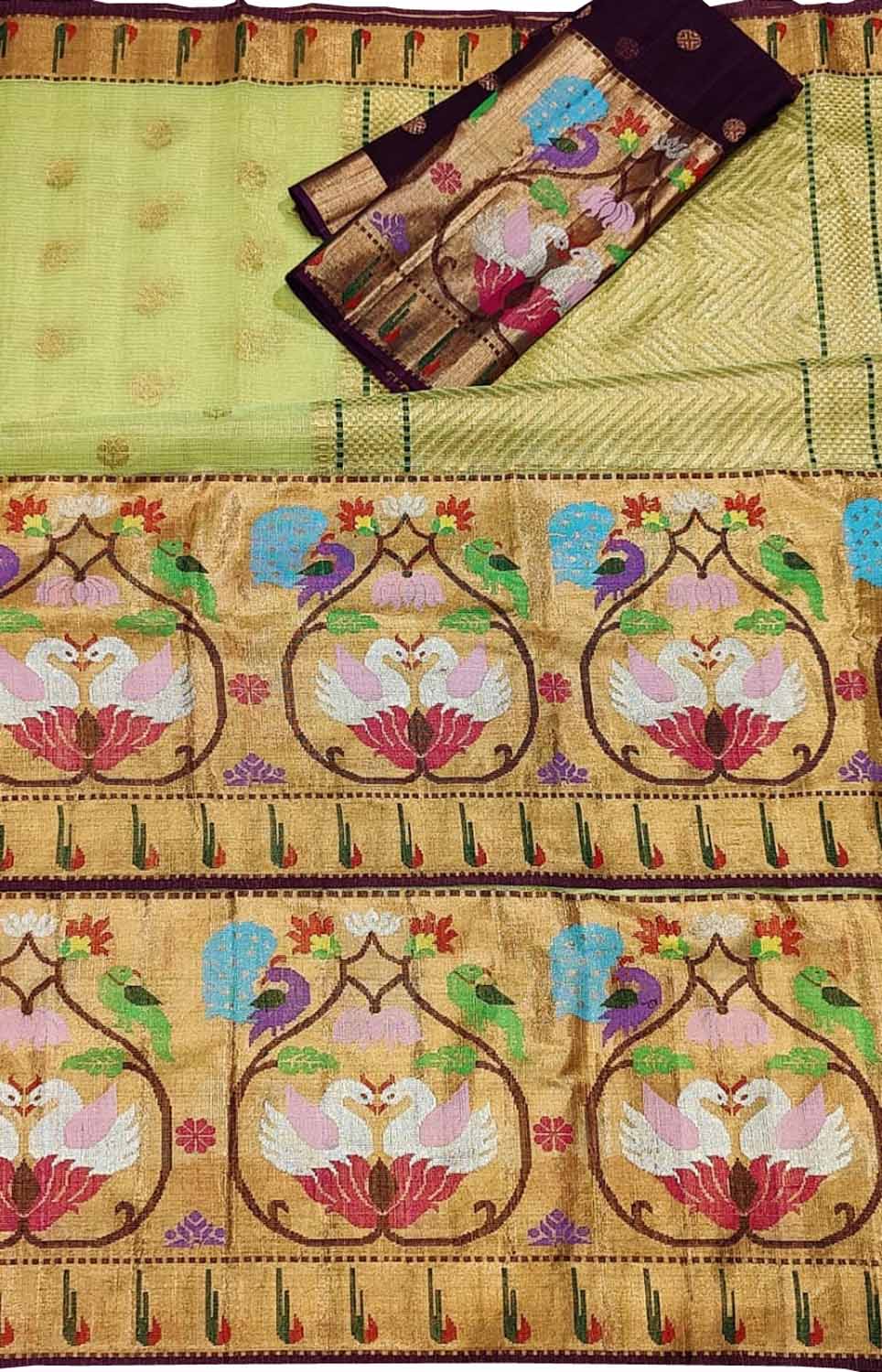 Green And Purple Kota Doria Handloom Real Zari Tissue Saree - Luxurion World