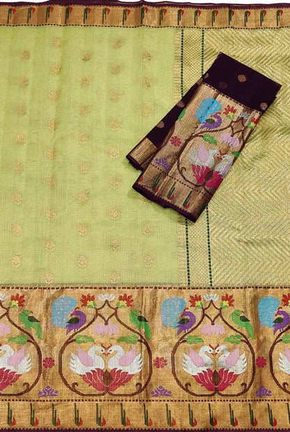 Green And Purple Kota Doria Handloom Real Zari Tissue Saree - Luxurion World