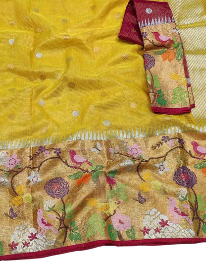 Yellow And Red Kota Doria Handloom Real Zari Tissue Saree - Luxurion World
