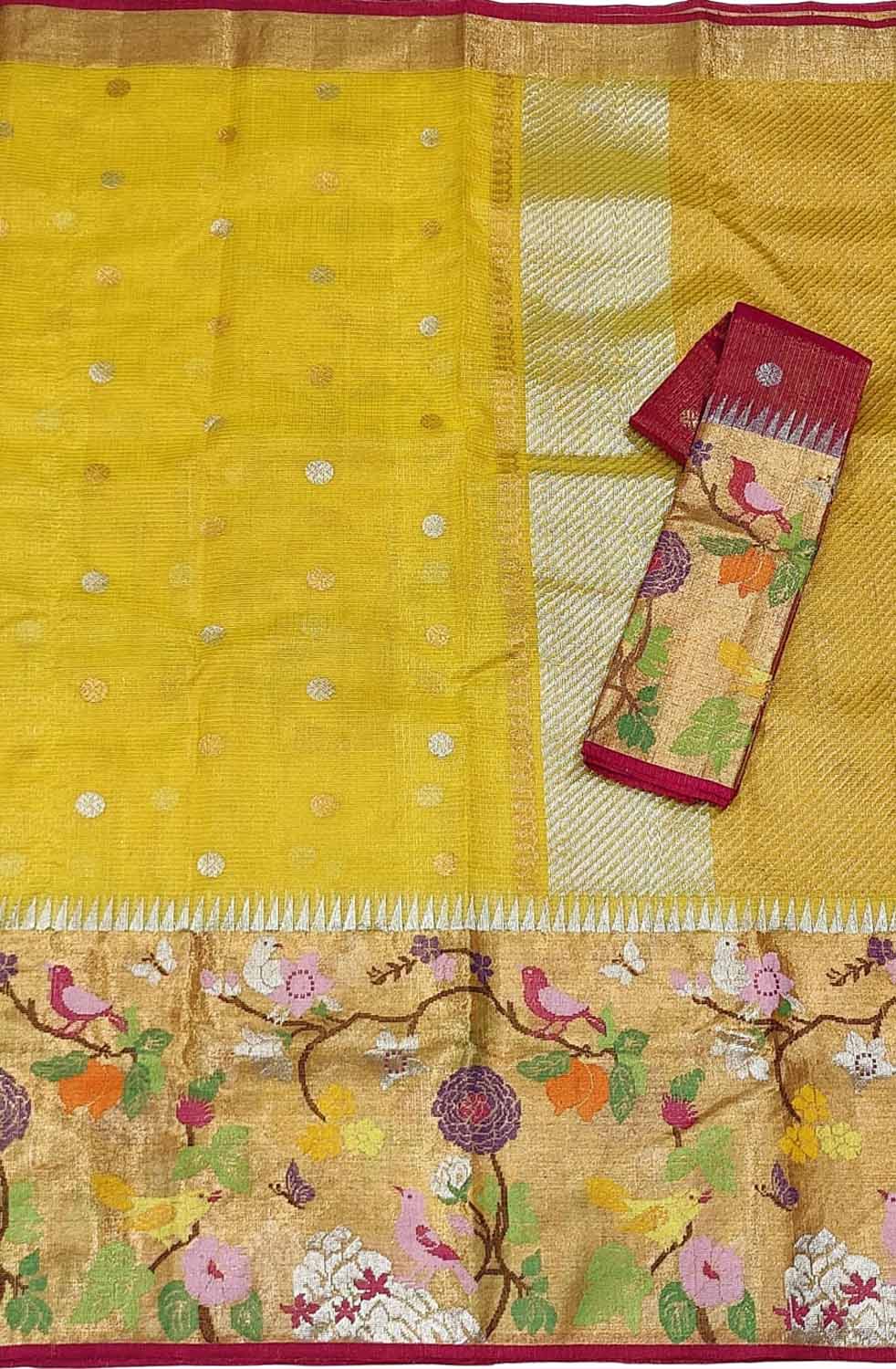 Yellow And Red Kota Doria Handloom Real Zari Tissue Saree - Luxurion World