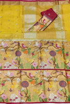Yellow And Red Kota Doria Handloom Real Zari Tissue Saree - Luxurion World