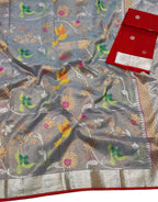Grey And Red Kota Doria Handloom Real Zari Tissue Saree - Luxurion World