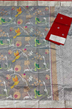 Grey And Red Kota Doria Handloom Real Zari Tissue Saree - Luxurion World