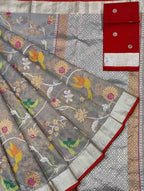 Grey And Red Kota Doria Handloom Real Zari Tissue Saree - Luxurion World