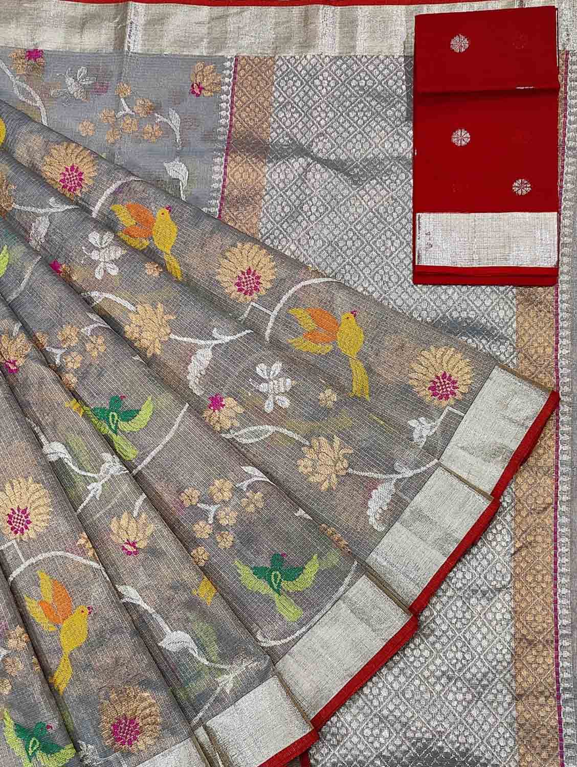 Grey And Red Kota Doria Handloom Real Zari Tissue Saree - Luxurion World