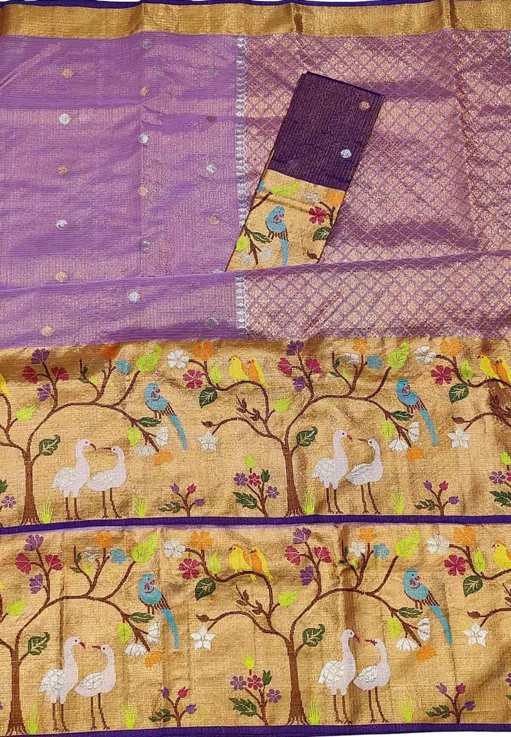 Purple Kota Doria Handloom Real Zari Tissue Saree - Luxurion World
