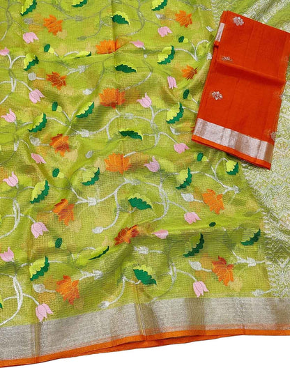 Green And Orange Kota Doria Handloom Real Zari Tissue Saree - Luxurion World