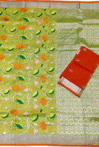 Green And Orange Kota Doria Handloom Real Zari Tissue Saree - Luxurion World