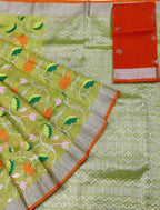 Green And Orange Kota Doria Handloom Real Zari Tissue Saree - Luxurion World