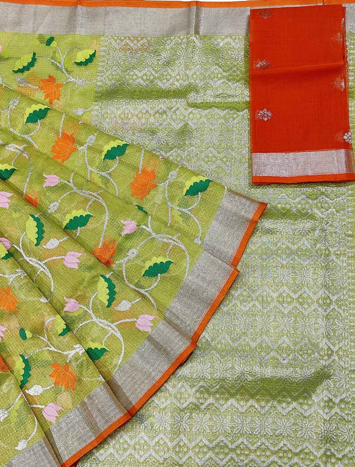 Green And Orange Kota Doria Handloom Real Zari Tissue Saree - Luxurion World