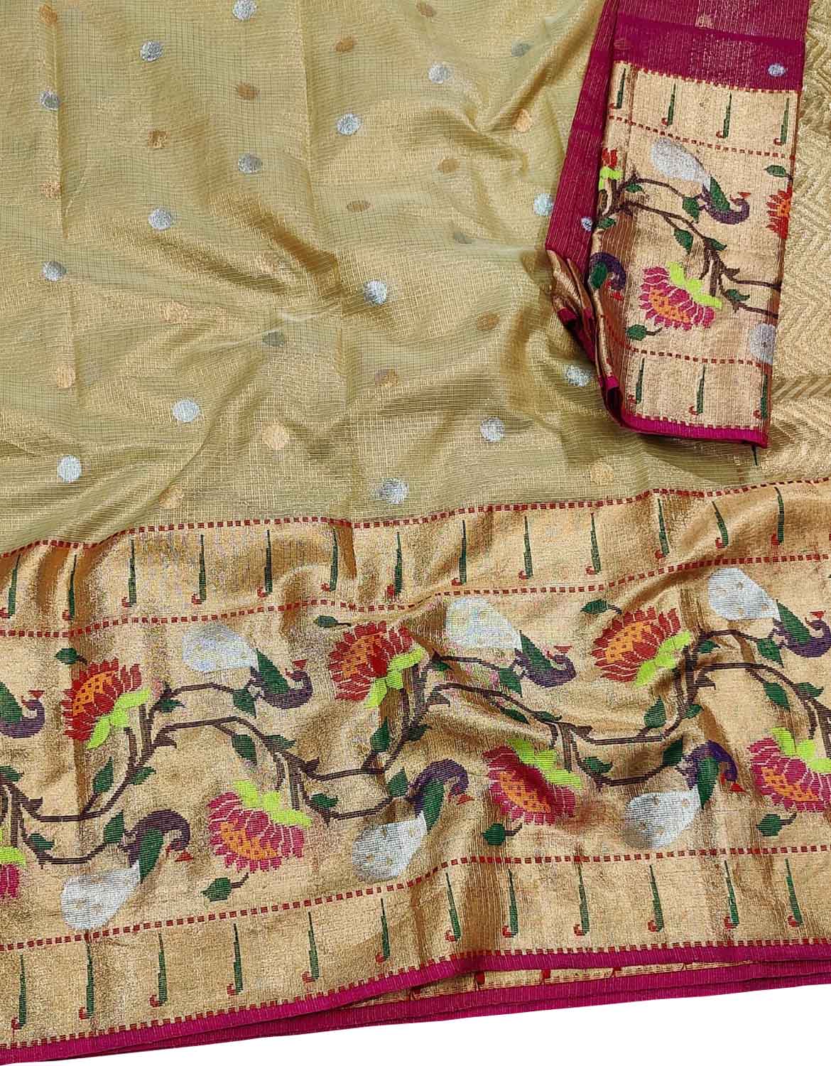 Pastel And Red Kota Doria Handloom Real Zari Tissue Saree - Luxurion World