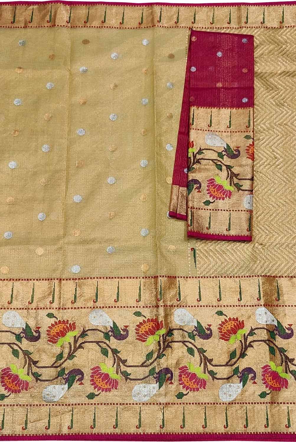 Pastel And Red Kota Doria Handloom Real Zari Tissue Saree - Luxurion World
