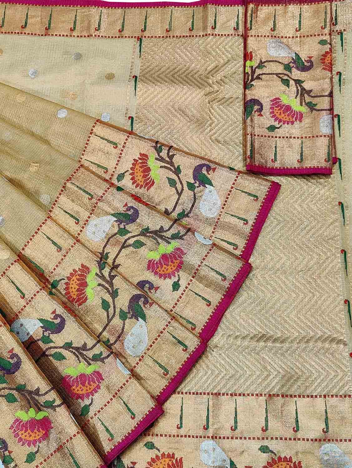 Pastel And Red Kota Doria Handloom Real Zari Tissue Saree - Luxurion World