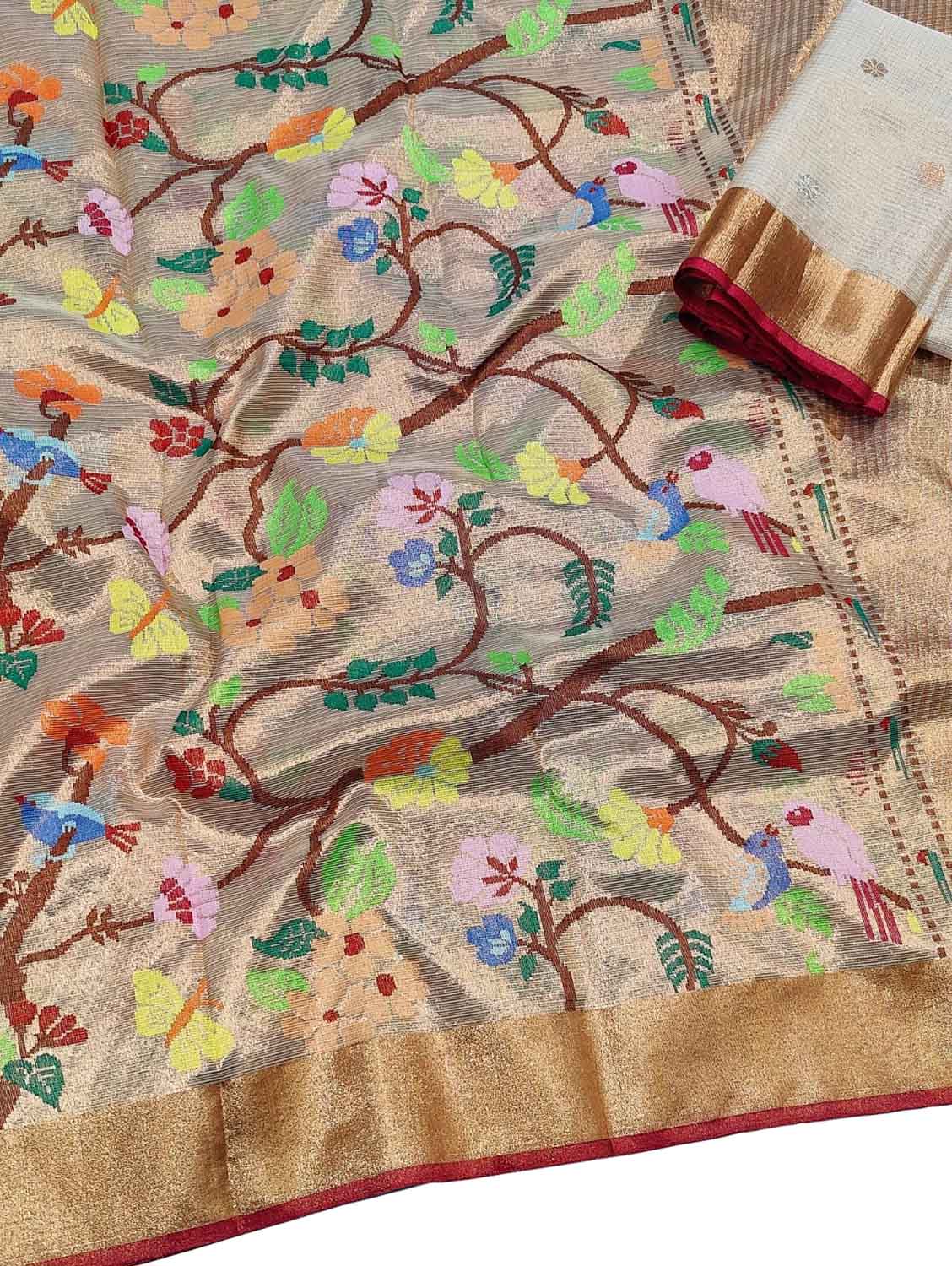 Pastel Kota Doria Handloom Real Zari Double Tissue Saree - Luxurion World