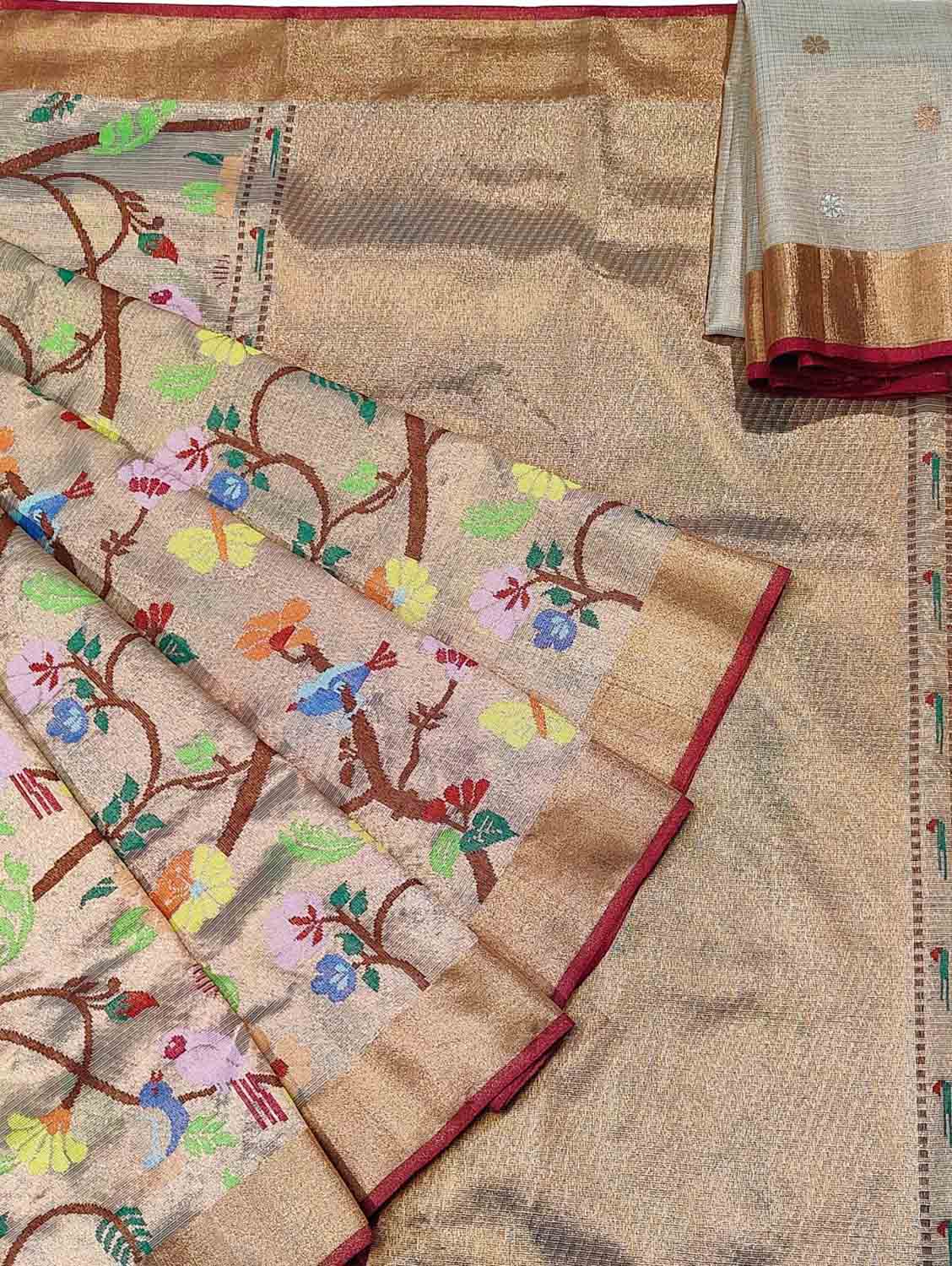 Pastel Kota Doria Handloom Real Zari Double Tissue Saree - Luxurion World