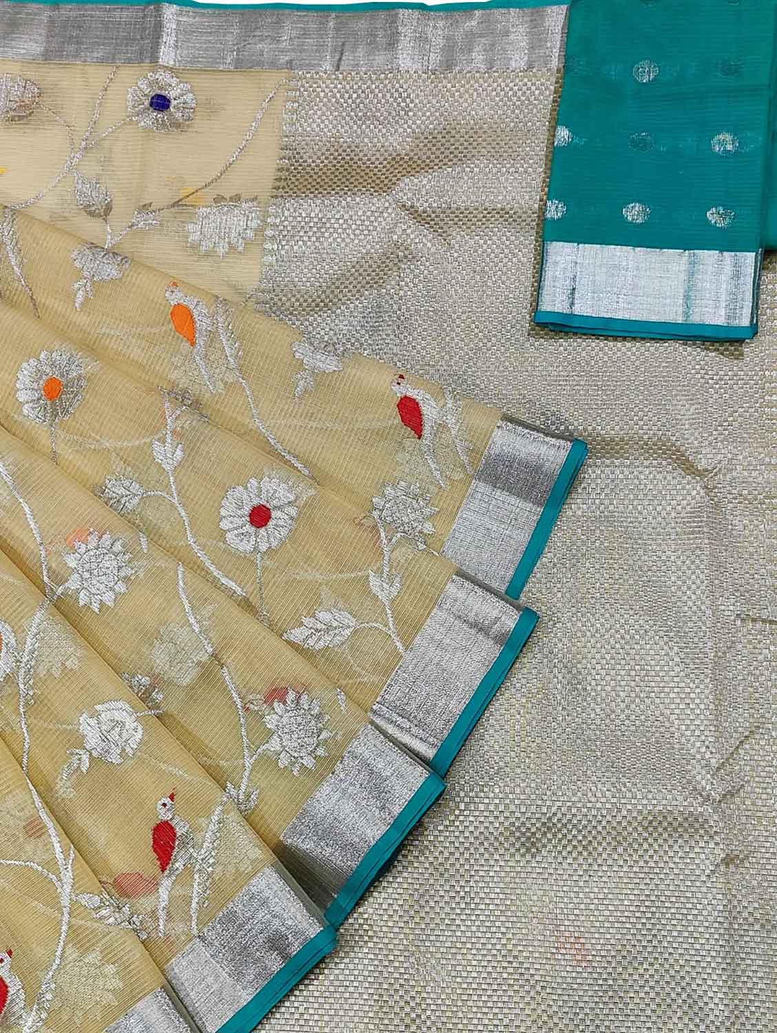 Pastel And Green Kota Doria Handloom Real Zari Saree - Luxurion World