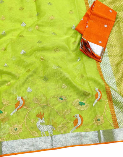 Green And Orange Kota Doria Handloom Real Zari Saree - Luxurion World