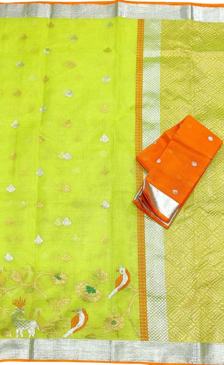 Green And Orange Kota Doria Handloom Real Zari Saree - Luxurion World