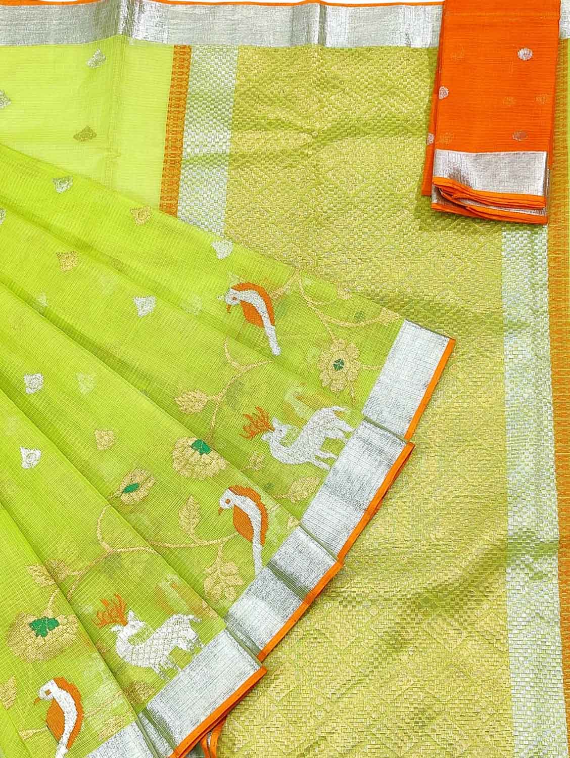 Green And Orange Kota Doria Handloom Real Zari Saree - Luxurion World