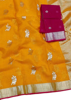 Orange And Pink Kota Doria Handloom Real Zari Saree - Luxurion World