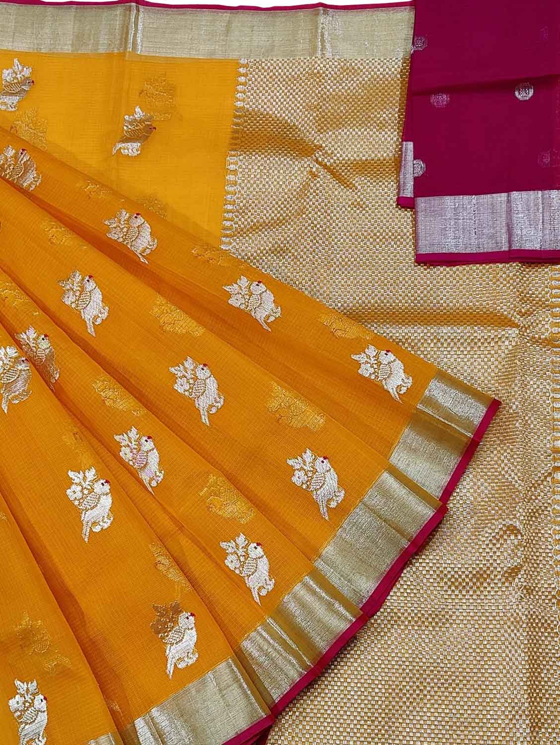 Orange And Pink Kota Doria Handloom Real Zari Saree - Luxurion World