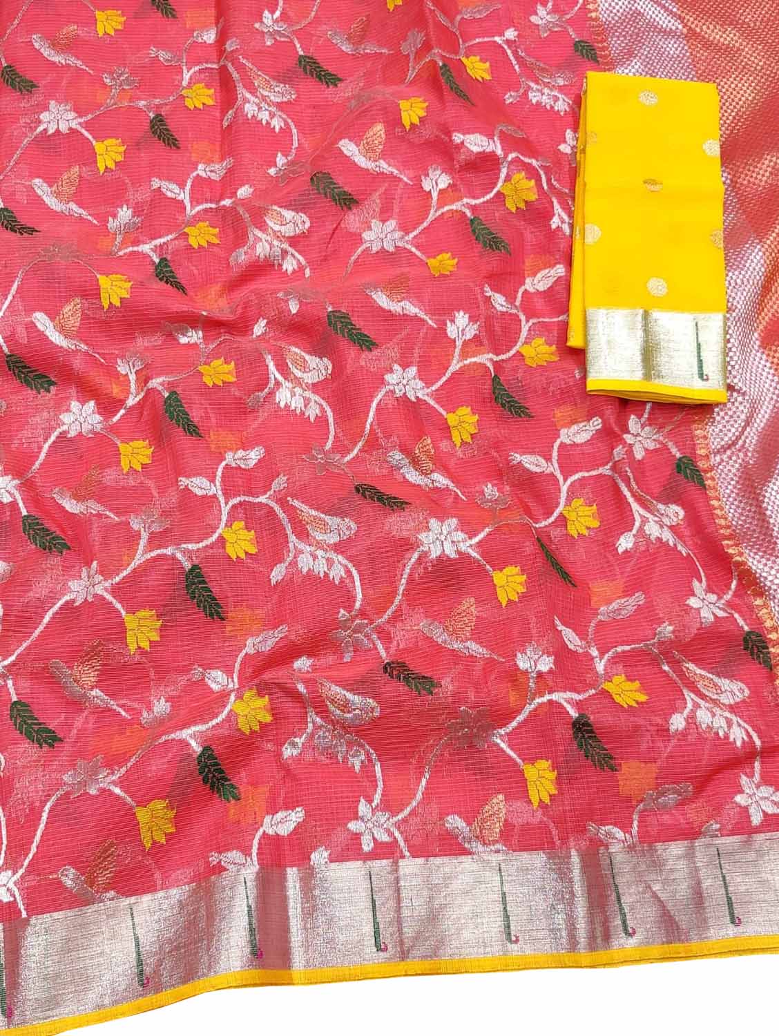 Pink And Yellow Kota Doria Handloom Real Zari Saree - Luxurion World