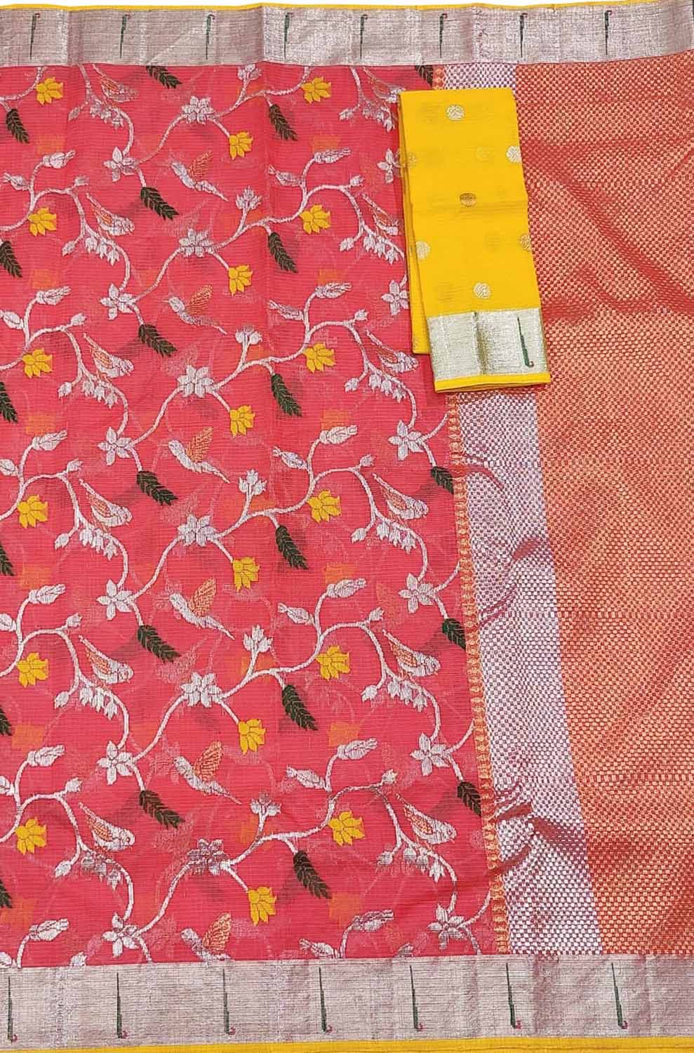 Pink And Yellow Kota Doria Handloom Real Zari Saree - Luxurion World