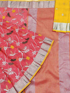 Pink And Yellow Kota Doria Handloom Real Zari Saree - Luxurion World