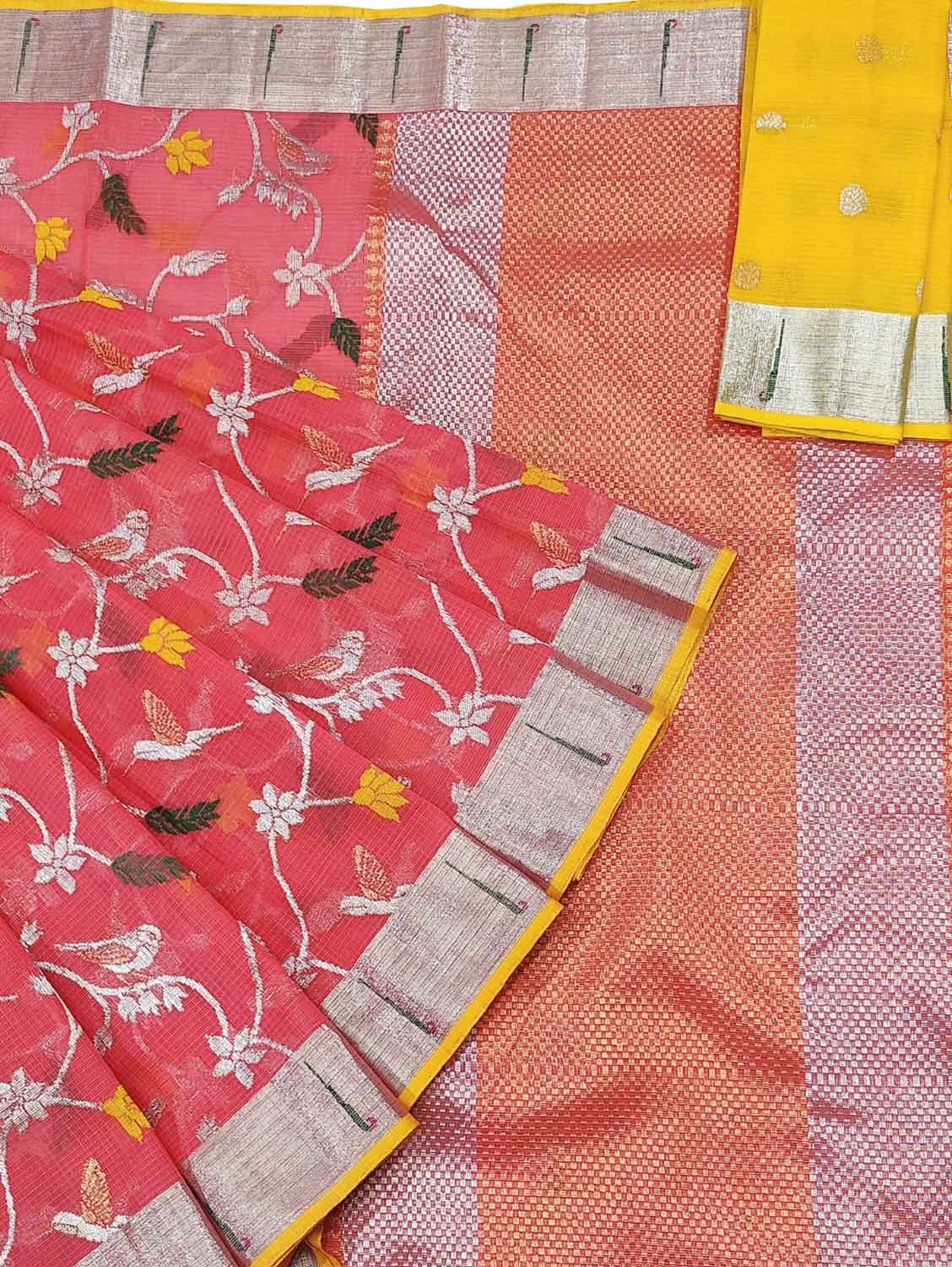 Pink And Yellow Kota Doria Handloom Real Zari Saree - Luxurion World