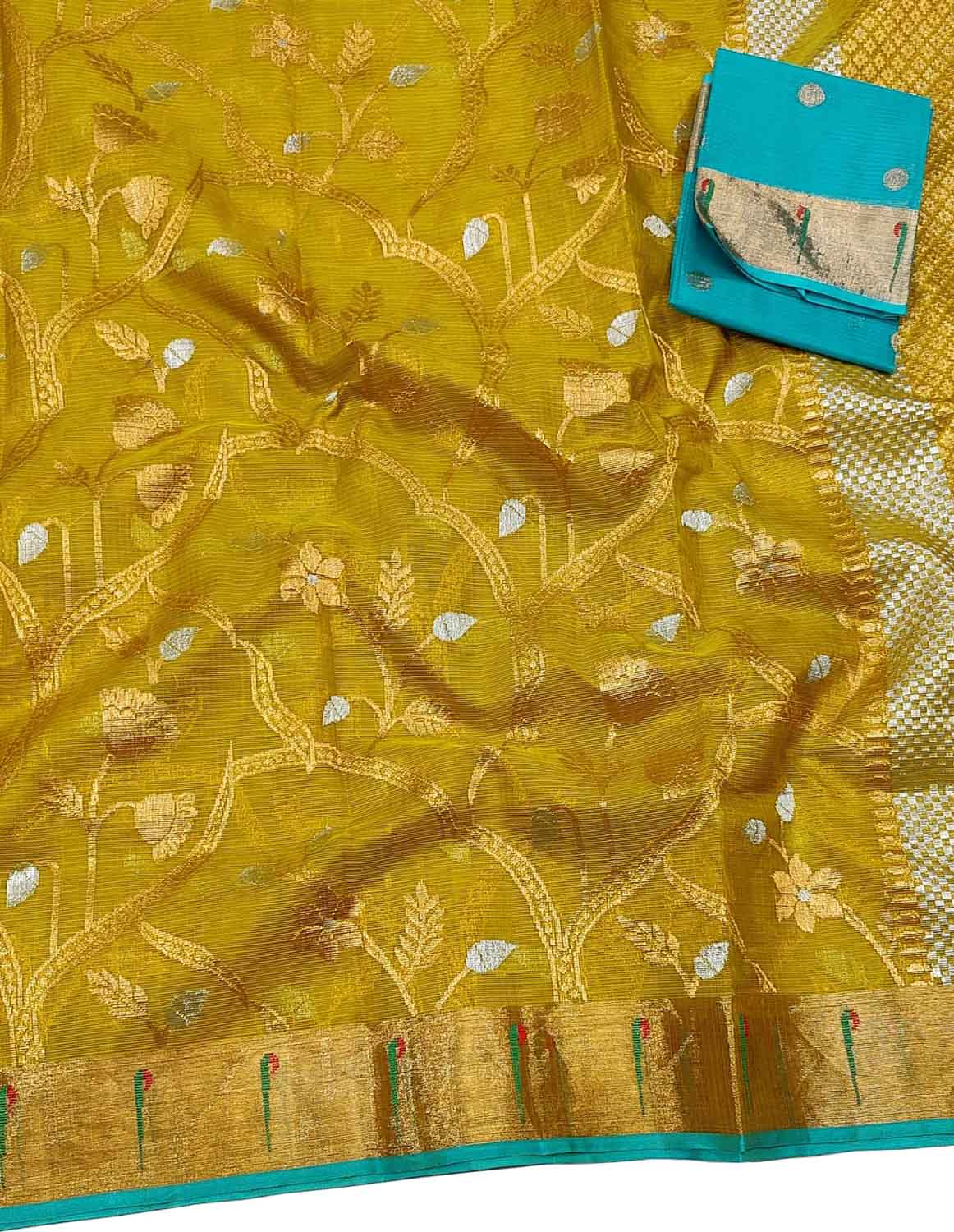 Yellow And Blue Kota Doria Real Zari Saree - Luxurion World