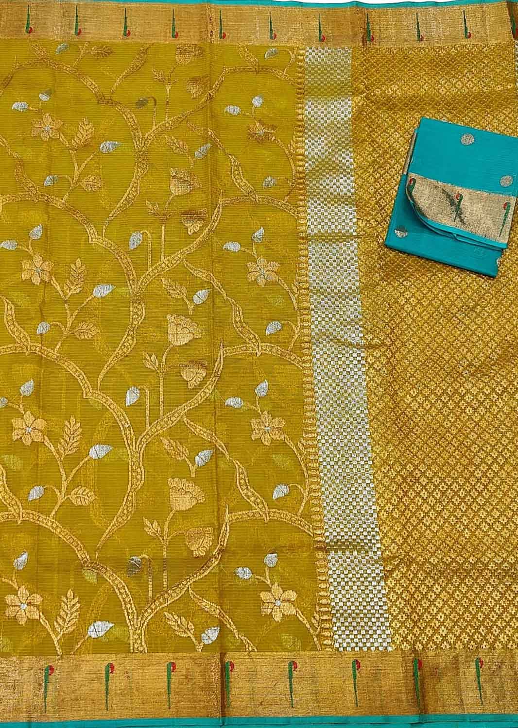 Yellow And Blue Kota Doria Real Zari Saree - Luxurion World