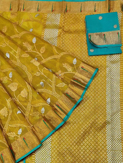 Yellow And Blue Kota Doria Real Zari Saree - Luxurion World