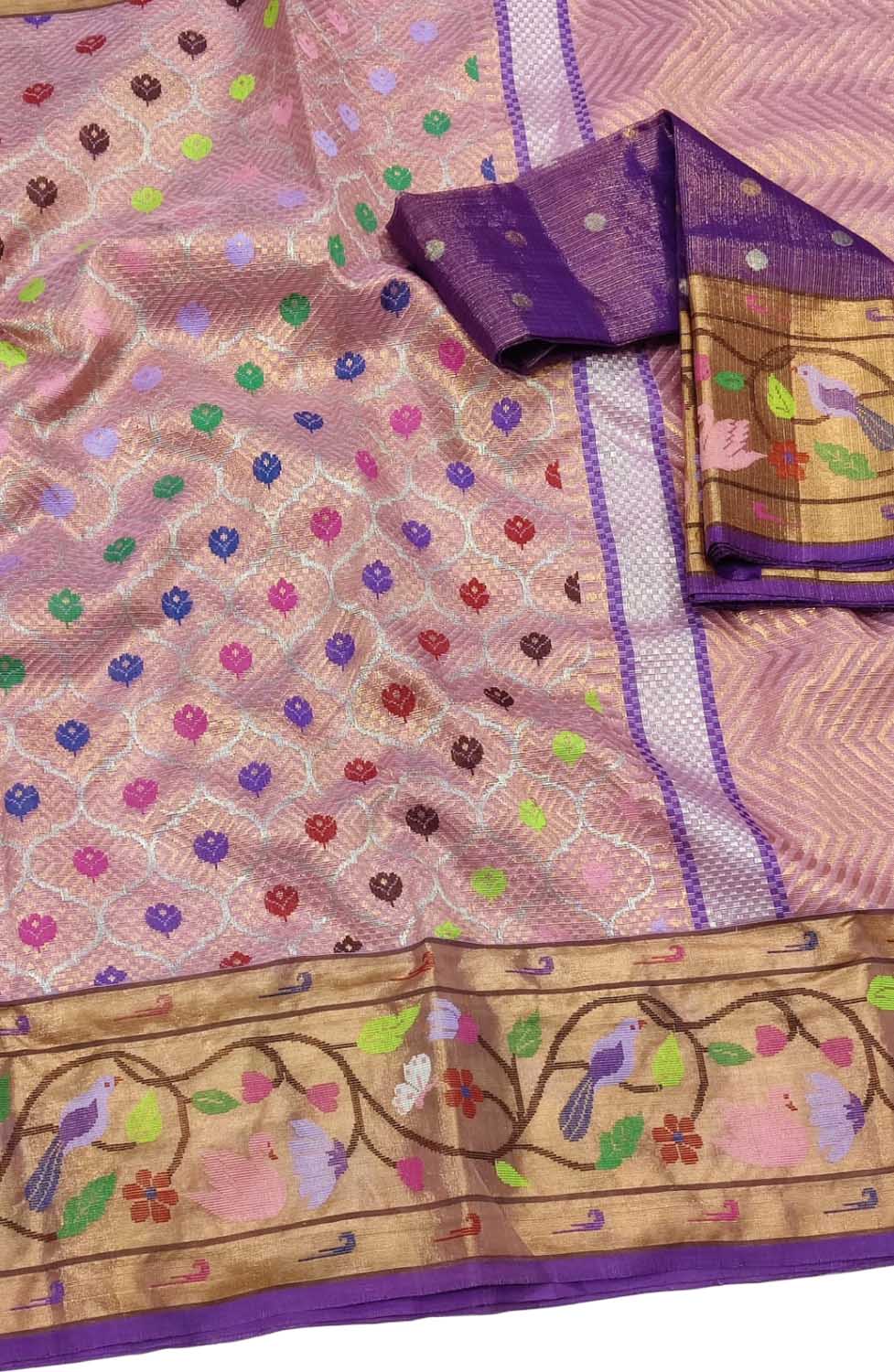 Pink And Purple Kota Doria Real Zari Saree - Luxurion World