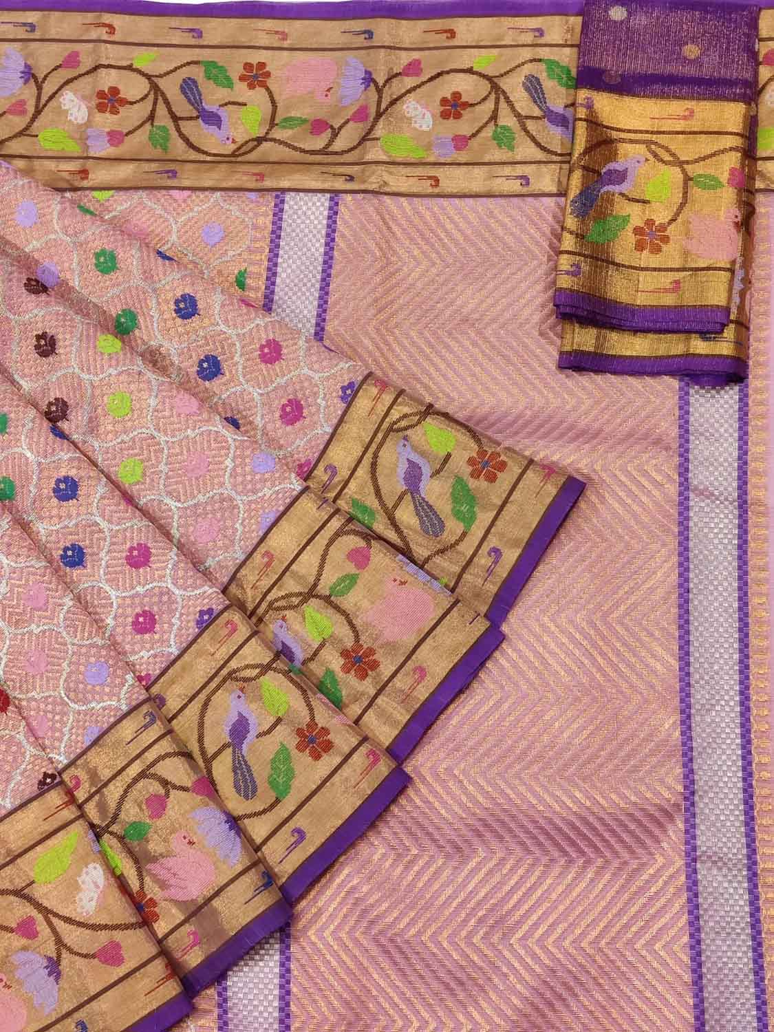 Pink And Purple Kota Doria Real Zari Saree - Luxurion World