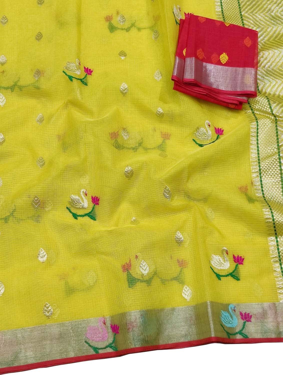 Yellow And Red Kota Doria Real Zari Saree - Luxurion World
