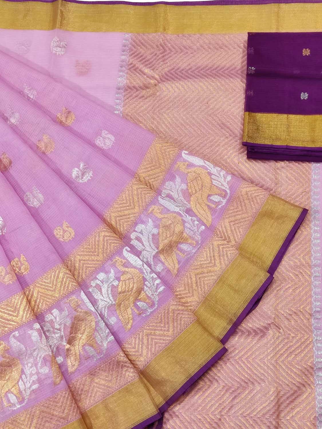 Pink And Purple Kota Doria Real Zari Saree - Luxurion World