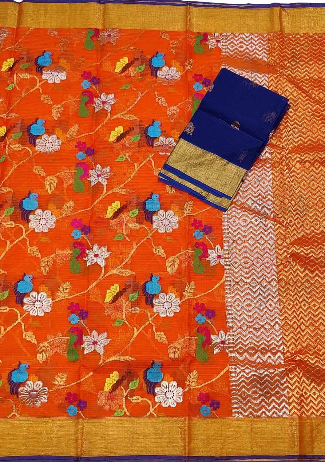 Orange And Blue Kota Doria Handloom Real Zari Saree - Luxurion World