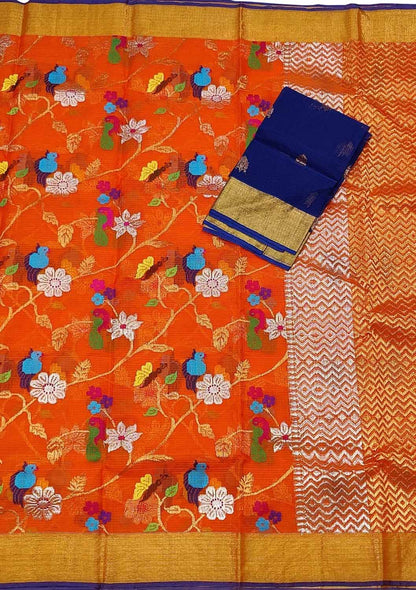 Orange And Blue Kota Doria Handloom Real Zari Saree - Luxurion World
